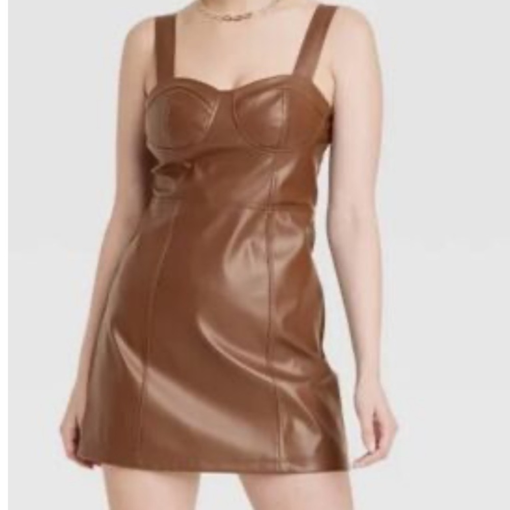 Brown Bustier Sweetheart Neckline Faux Leather Dress